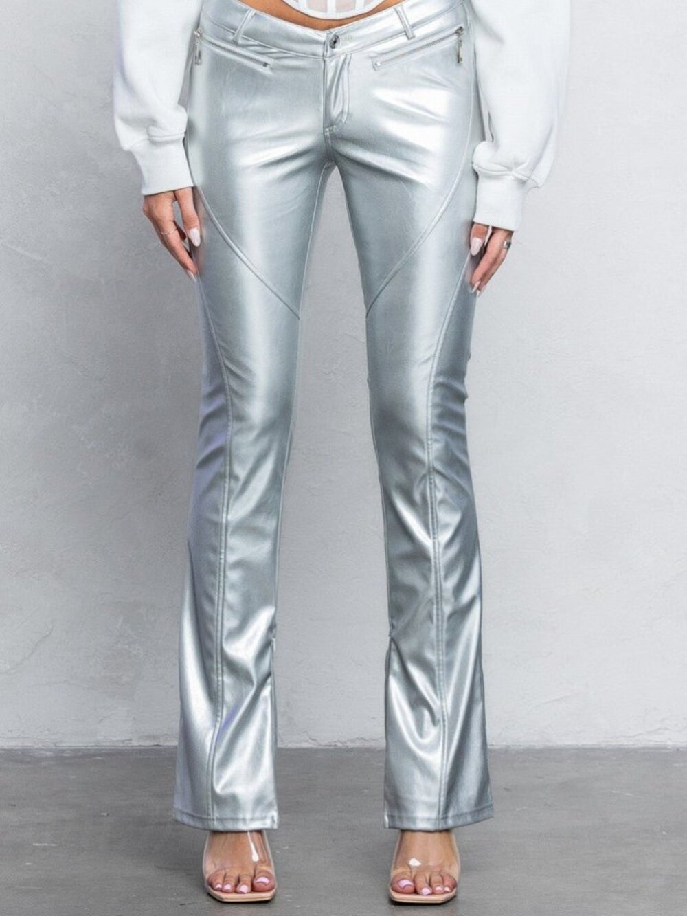 V-Cut vegan Leather Boot-Cut Pants Low Rise Trendy Zipper Detail Pants